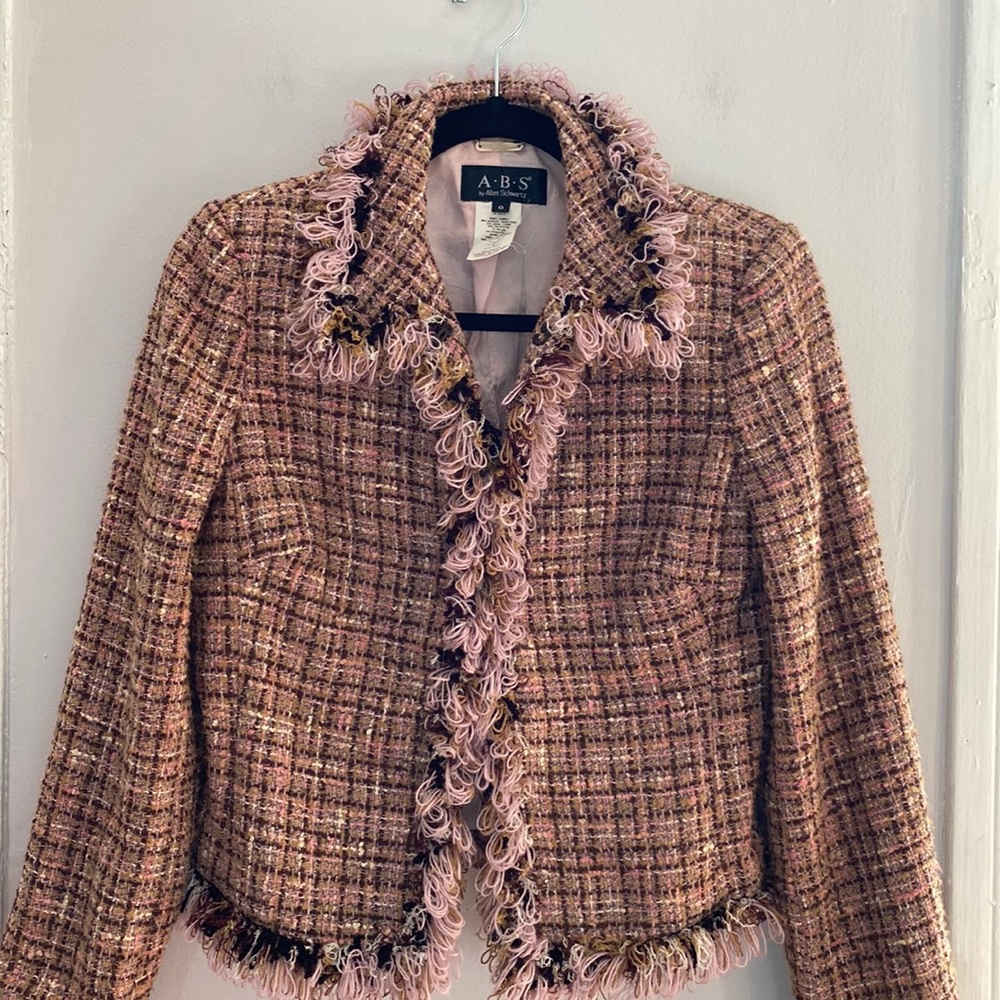 ABS by Allen Schwartz tweed blazer w/fringe accents. Size 8. Pink, tan, brown